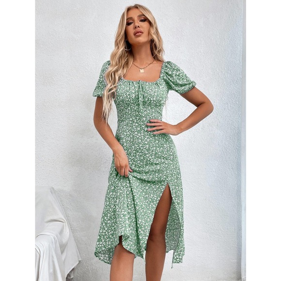 boho Floral Print Knot Front Split Thigh square neck midi Dress - Picture 6 of 11